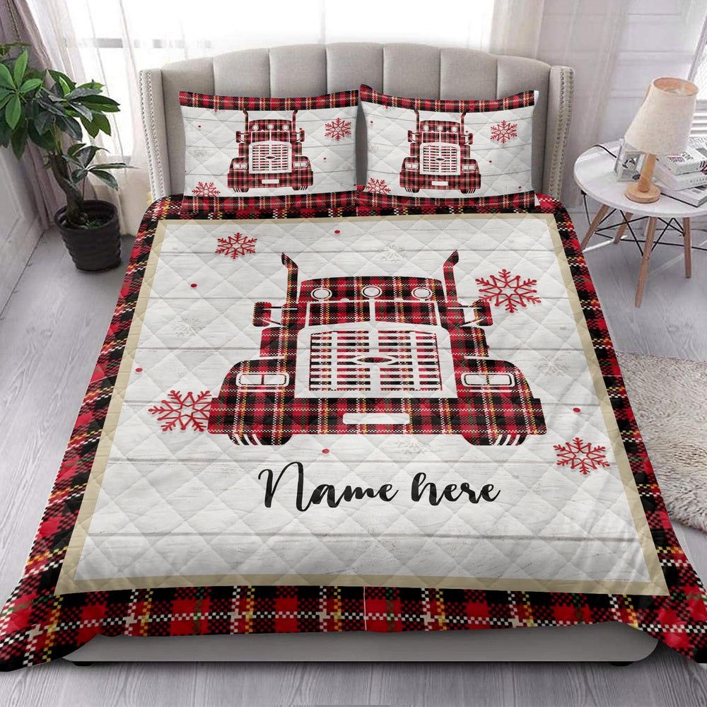Personalized Trucker Quilt Set, Christmas Red Truck Snowflake Red Plaid Quilt Blanket