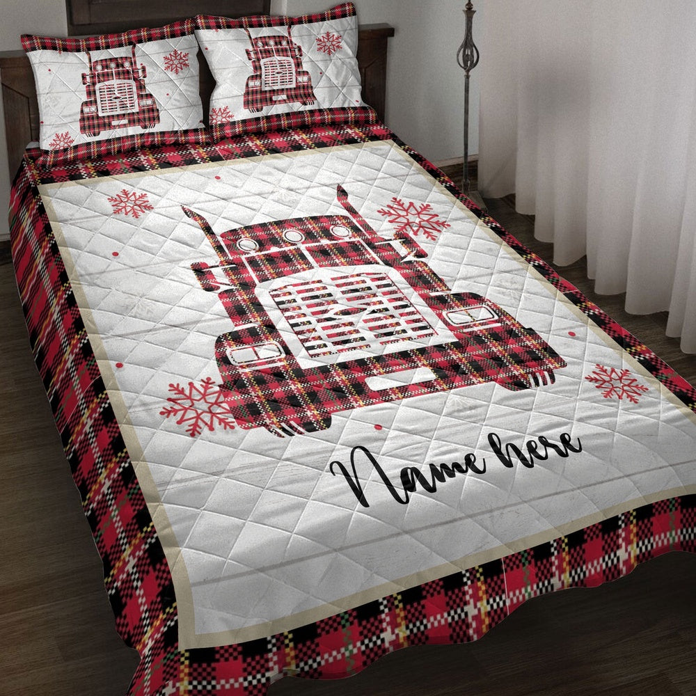 Personalized Trucker Quilt Set, Christmas Red Truck Snowflake Red Plaid Quilt Blanket