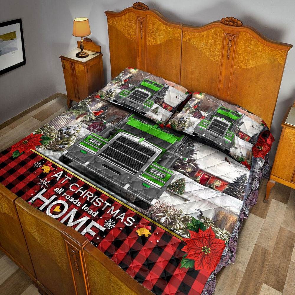 Personalized Trucker Quilt Set, Green Truck Trucker Atmas Roads Lead Quilt Blanket