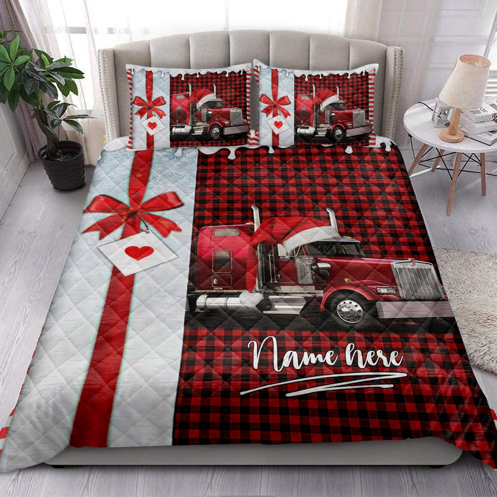 Personalized Trucker Quilt Set, Red Truck Santa Hat Withmas Trucker Quilt Blanket