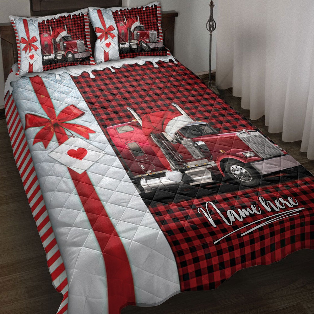 Personalized Trucker Quilt Set, Red Truck Santa Hat Withmas Trucker Quilt Blanket
