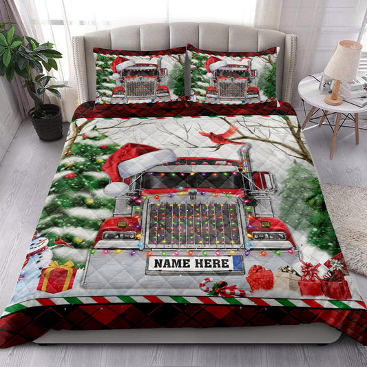 Personalized Trucker Quilt Set, Red Trucker Withmas String Light Quilt Blanket