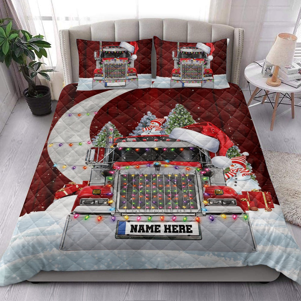 Personalized Trucker Quilt Set, Red Truckermas Hat With String Light Quilt Blanket