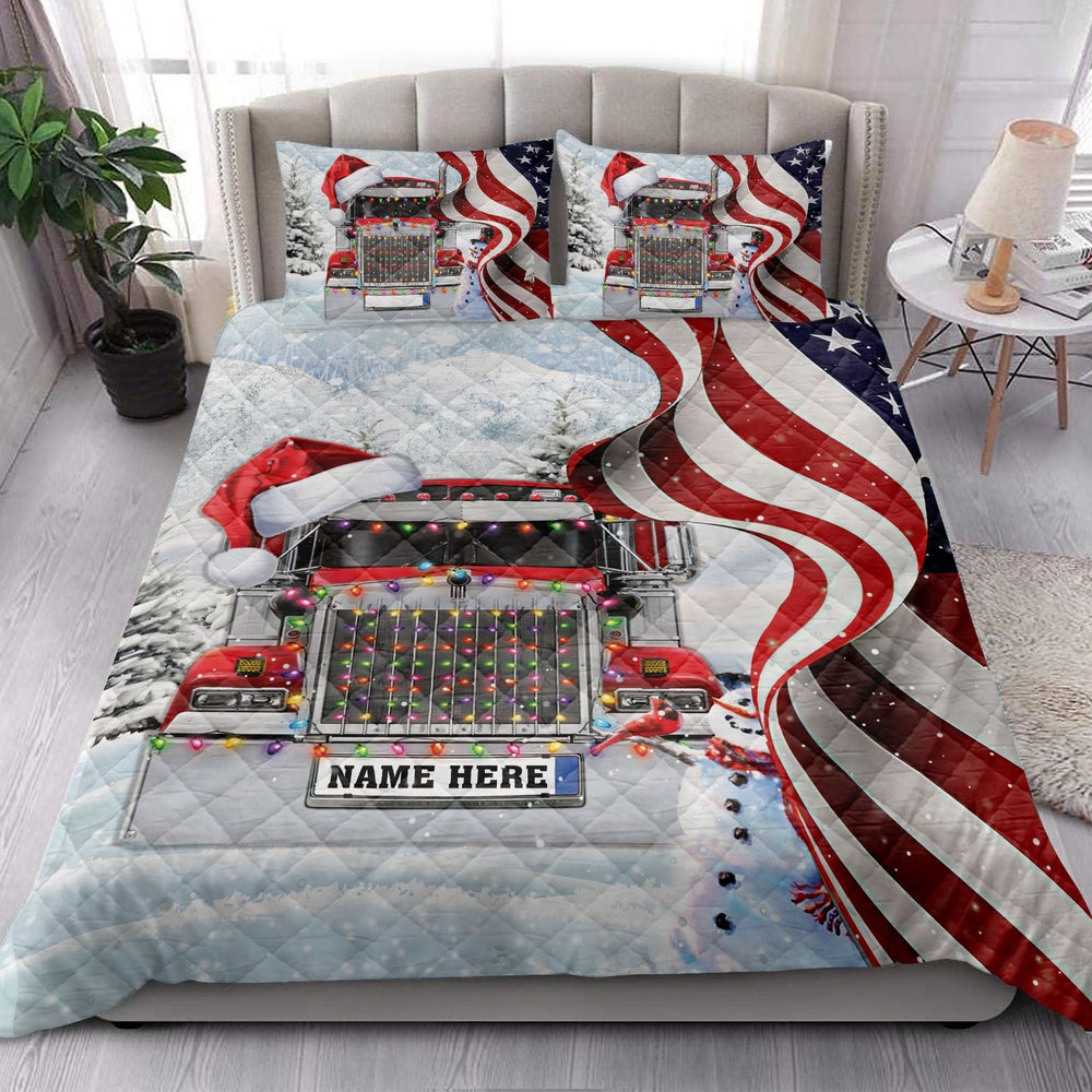 Personalized Trucker Quilt Set, Red Truckermas String Light Us Flag Quilt Blanket