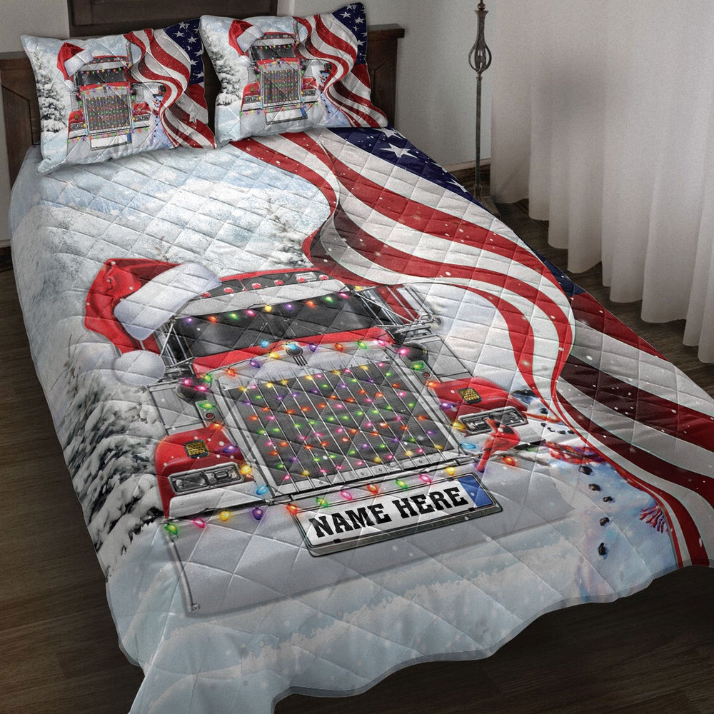 Personalized Trucker Quilt Set, Red Truckermas String Light Us Flag Quilt Blanket