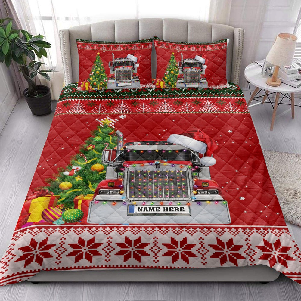 Personalized Trucker Quilt Set, Red Truckermas Tree String Light Quilt Blanket