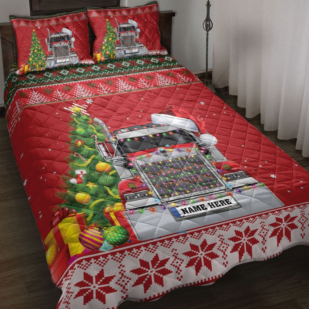 Personalized Trucker Quilt Set, Red Truckermas Tree String Light Quilt Blanket