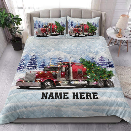 Personalized Trucker Quilt Set, Red Truckermas Tree String Lights Quilt Blanket