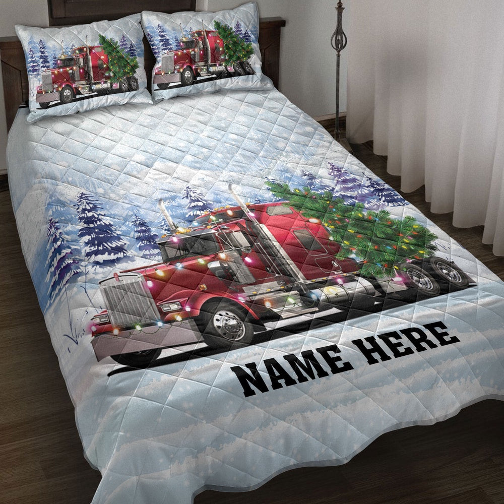 Personalized Trucker Quilt Set, Red Truckermas Tree String Lights Quilt Blanket