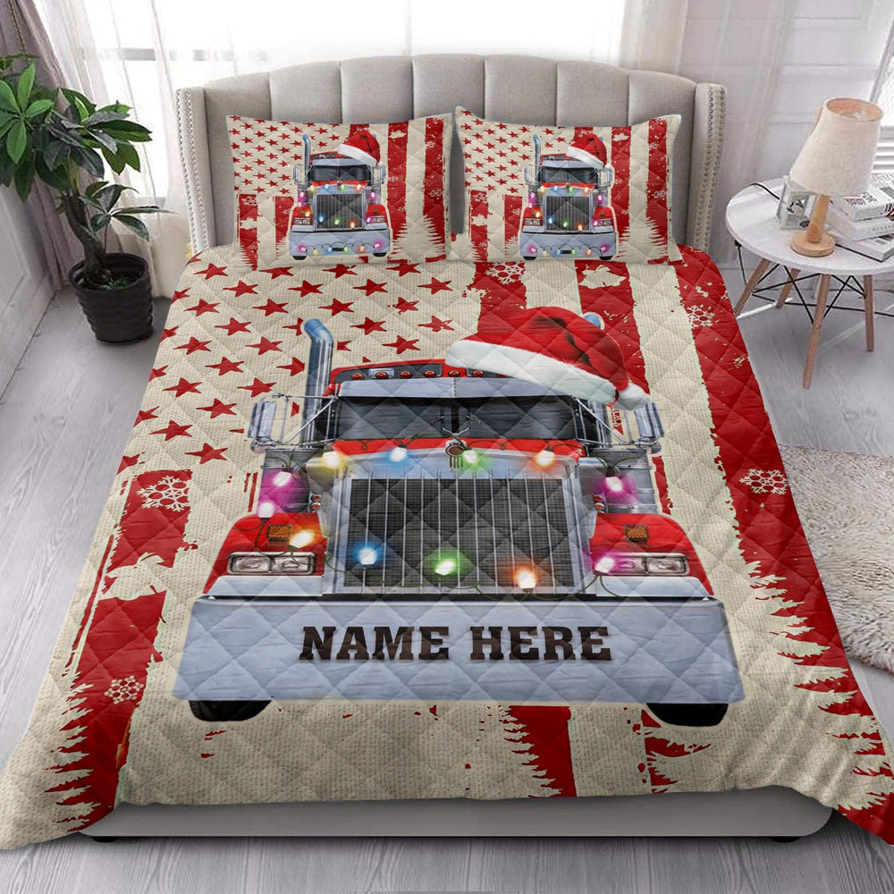 Personalized Trucker Quilt Set, Red Truckmas String Light Usa Flag Quilt Blanket