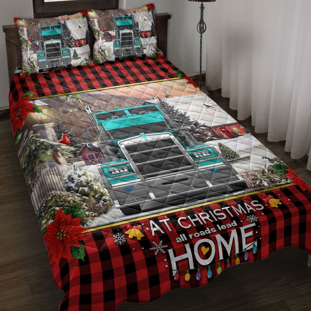 Personalized Trucker Quilt Set, Turquoise Truck Truckermas Road Lead Quilt Blanket