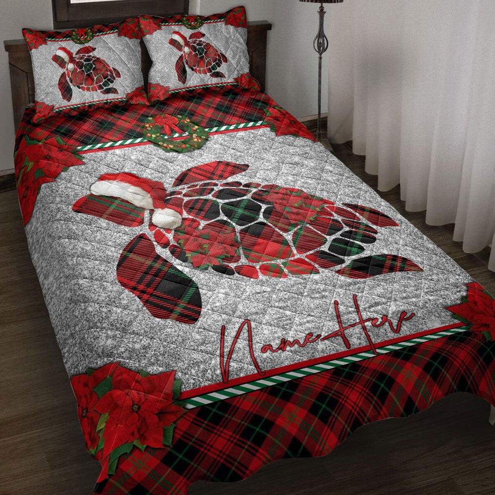 Personalized Turtle Quilt Set, Christmas Red Plaid Turtle Santa Hat Xmas Quilt Blanket
