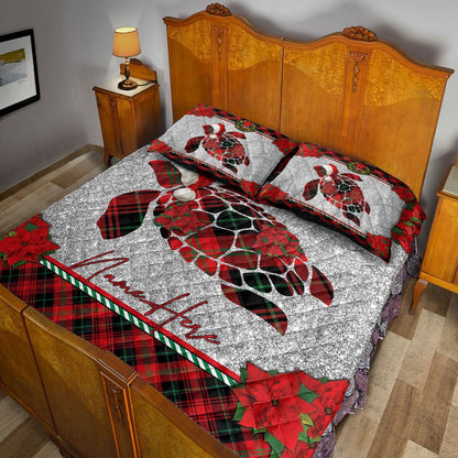 Personalized Turtle Quilt Set, Christmas Red Plaid Turtle Santa Hat Xmas Quilt Blanket