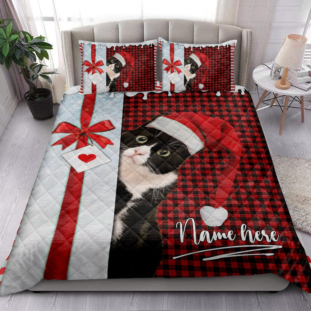 Personalized Tuxedo Cat Quilt Set, Tuxedo Cat Santa Hat Withmas Letter Quilt Blanket