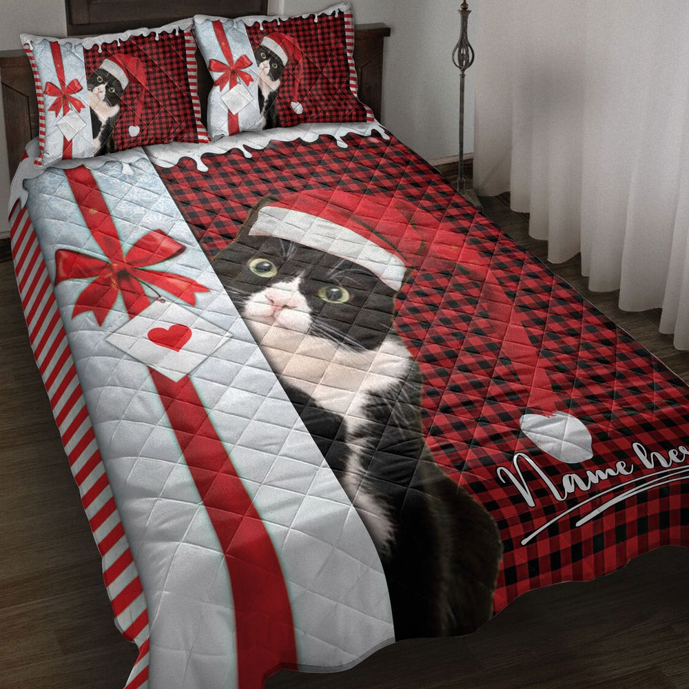 Personalized Tuxedo Cat Quilt Set, Tuxedo Cat Santa Hat Withmas Letter Quilt Blanket