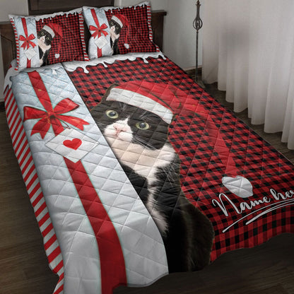 Personalized Tuxedo Cat Quilt Set, Tuxedo Cat Santa Hat Withmas Letter Quilt Blanket