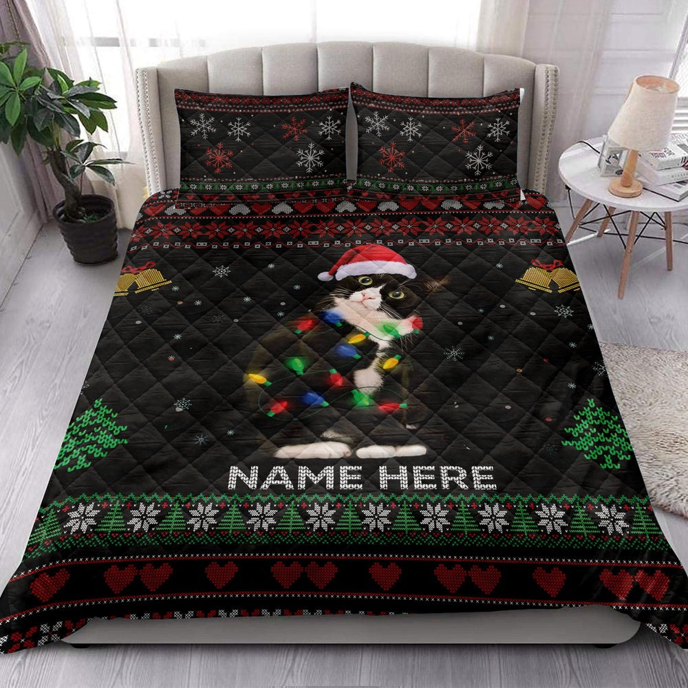 Personalized Tuxedo Cat Quilt Set, Tuxedo Catmas Hat String Lights Quilt Blanket