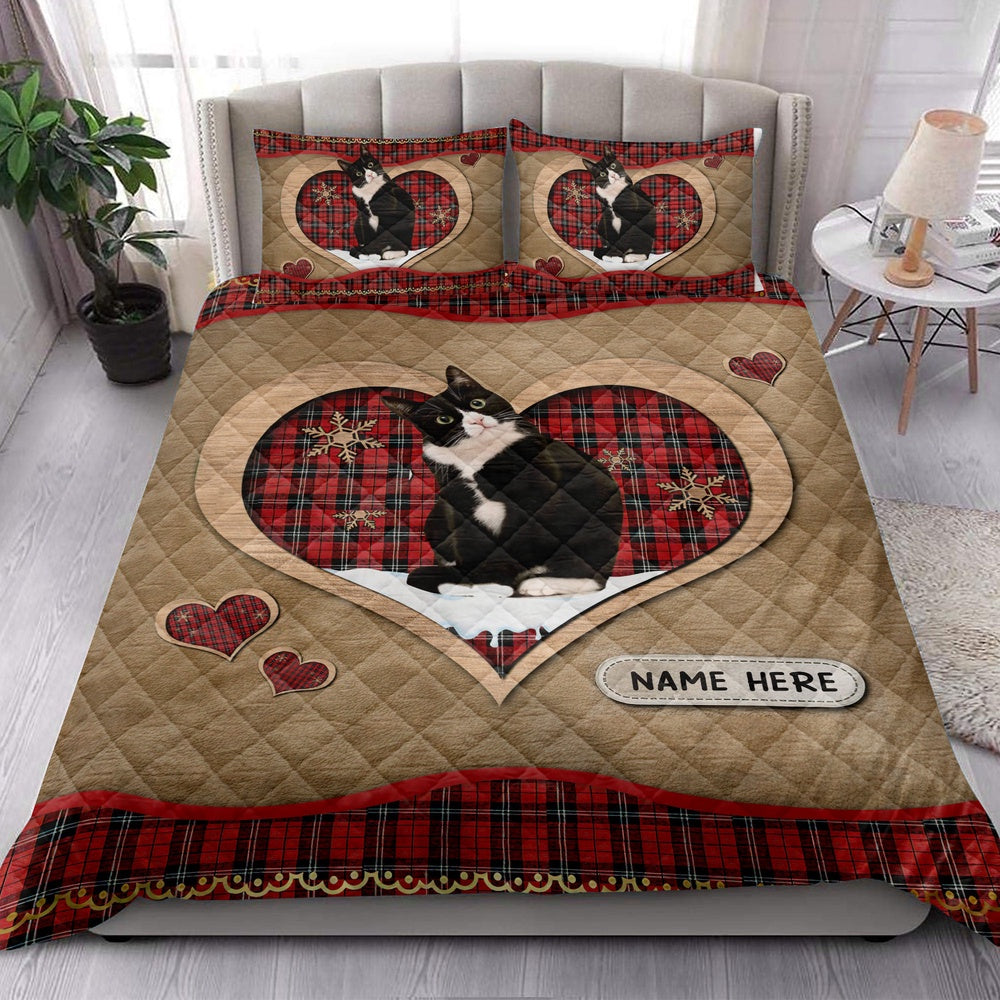 Personalized Tuxedo Cat Quilt Set, Tuxedo Catmas Heart Red Plaid Quilt Blanket