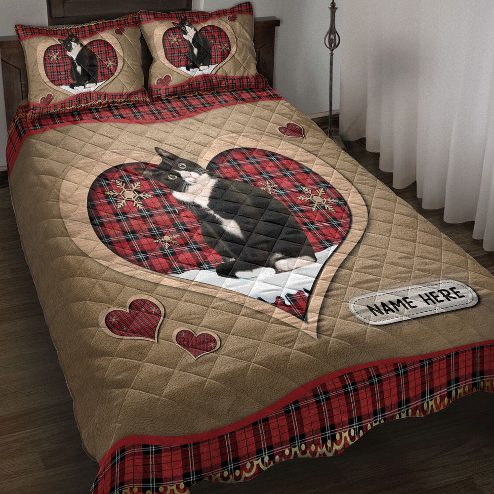 Personalized Tuxedo Cat Quilt Set, Tuxedo Catmas Heart Red Plaid Quilt Blanket