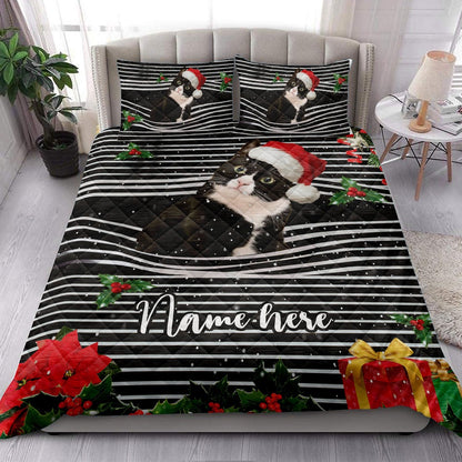 Personalized Tuxedo Cat Quilt Set, Tuxedo Catmas Striped With Santa Hat Quilt Blanket