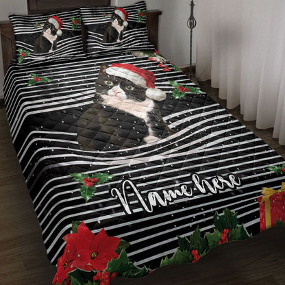 Personalized Tuxedo Cat Quilt Set, Tuxedo Catmas Striped With Santa Hat Quilt Blanket