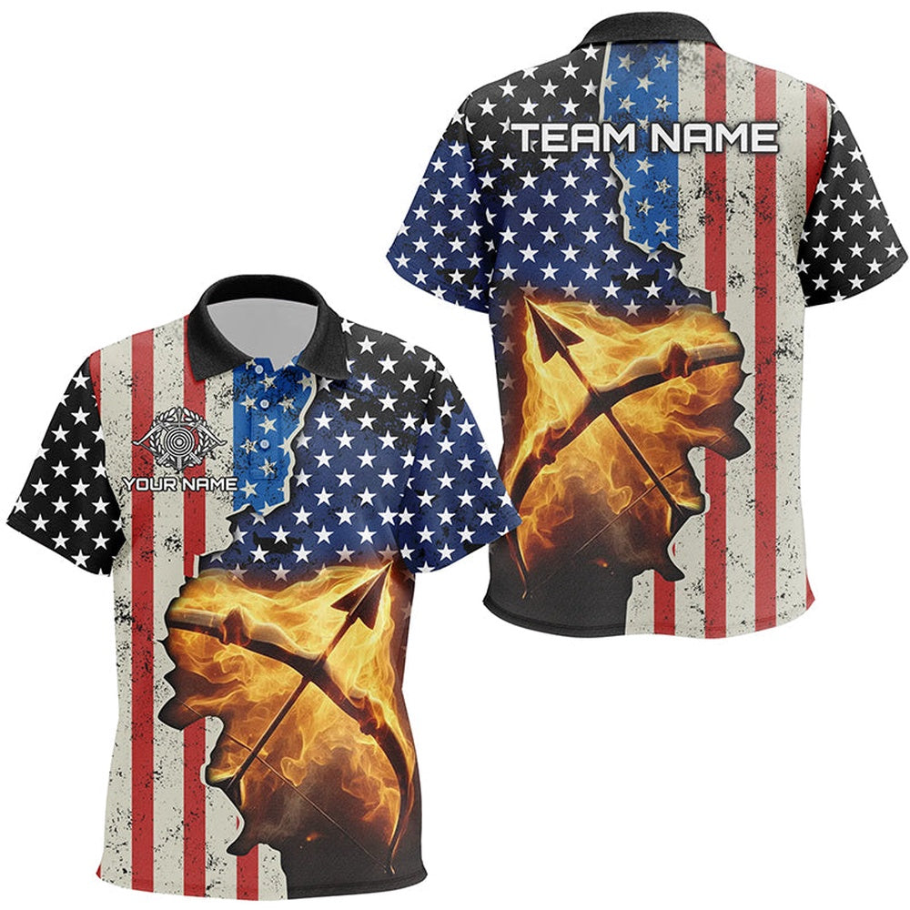 Personalized US Flag Archery Bow And Arrow Fire Polo Shirts, Custom Archery Team Jerseys, Archery Team Shirts, Custom Archery Shirts