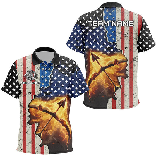 Personalized US Flag Archery Bow And Arrow Fire Polo Shirts, Custom Archery Team Jerseys, Archery Team Shirts, Custom Archery Shirts