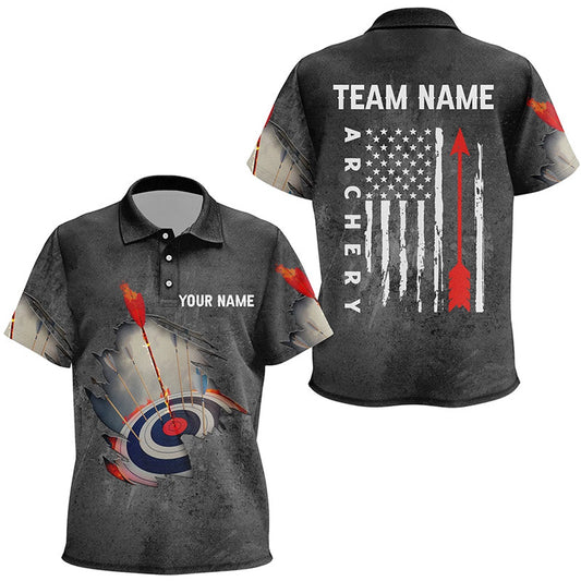 Personalized US Flag Arrow Archery Polo Shirts, Custom Flaming Target Archery Shirts, Archery Team Shirts, Custom Archery Shirts