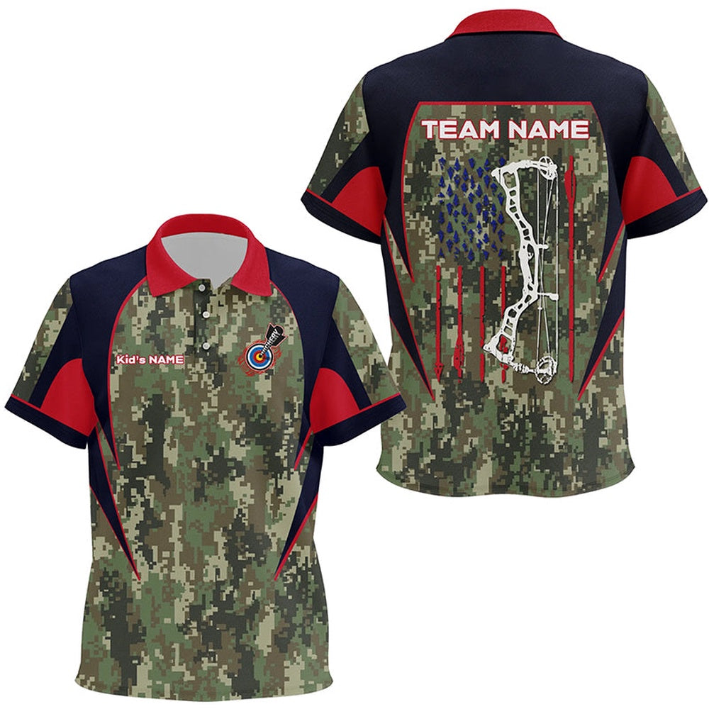 Personalized US Flag Camouflage Archery Polo Shirts Archery Jerseys Custom Archery Shirts, Archery Team Shirts, Custom Archery Shirts