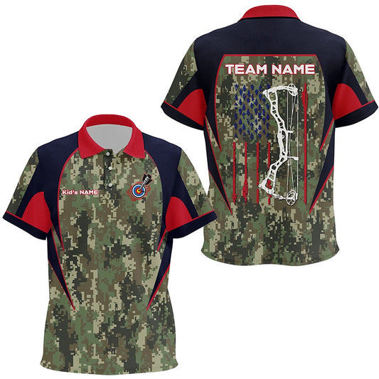 Personalized US Flag Camouflage Archery Polo Shirts Archery Jerseys Custom Archery Shirts, Archery Team Shirts, Custom Archery Shirts