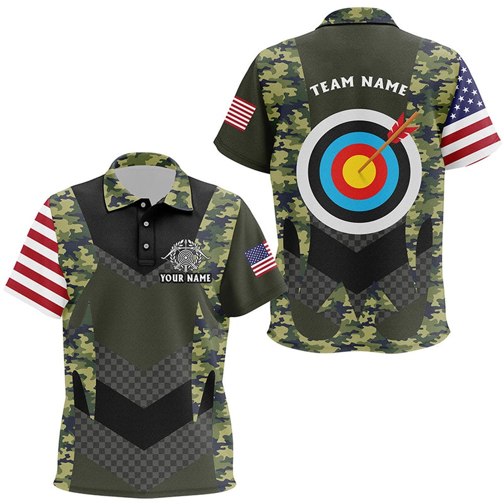 Personalized US Flag Camouflage Target Archery Polo Shirts, Custom Archery Team Jerseys, Archery Team Shirts, Custom Archery Shirts