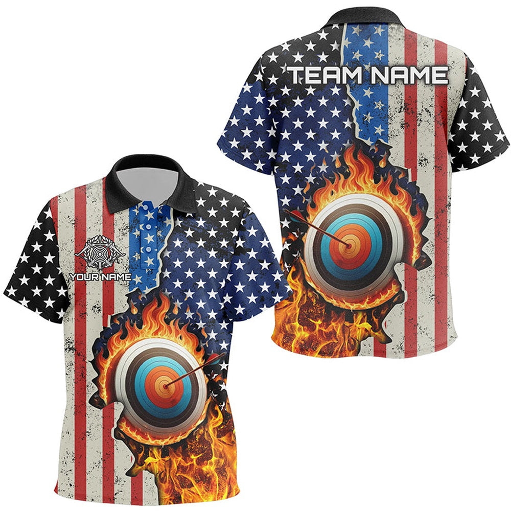 Personalized US Flag Flame Target Archery Polo Shirts, Custom Archery Team Shirts Design, Archery Team Shirts, Custom Archery Shirts