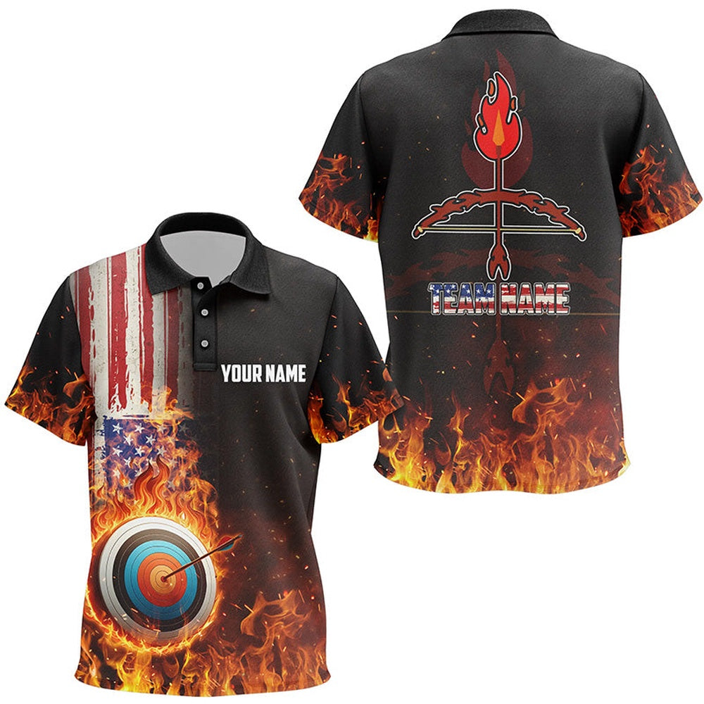 Personalized US Flag Flaming Target Archery Polo Shirts, Fire Bow Arrow Archery Jerseys, Archery Team Shirts, Custom Archery Shirts
