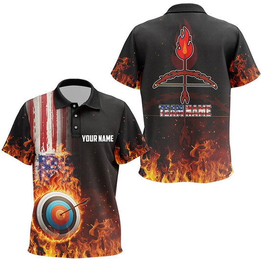 Personalized US Flag Flaming Target Archery Polo Shirts, Fire Bow Arrow Archery Jerseys, Archery Team Shirts, Custom Archery Shirts