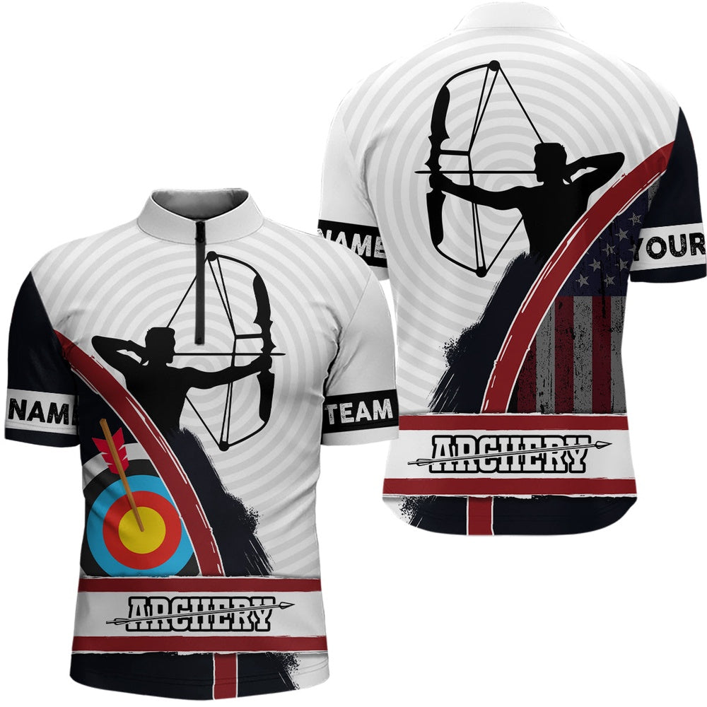 Personalized US Flag Silhouette Archery Quarter-Zip Shirts For Men Custom Target Archery Shirts, Archery Team Shirts, Custom Archery Shirts