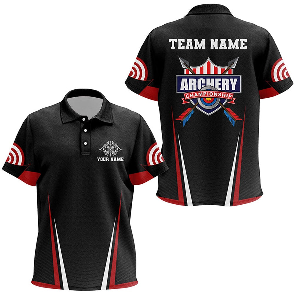 Personalized US Flag Target Archery Polo Shirts, Custom Red Black Arrows Archery Jerseys, Archery Team Shirts, Custom Archery Shirts