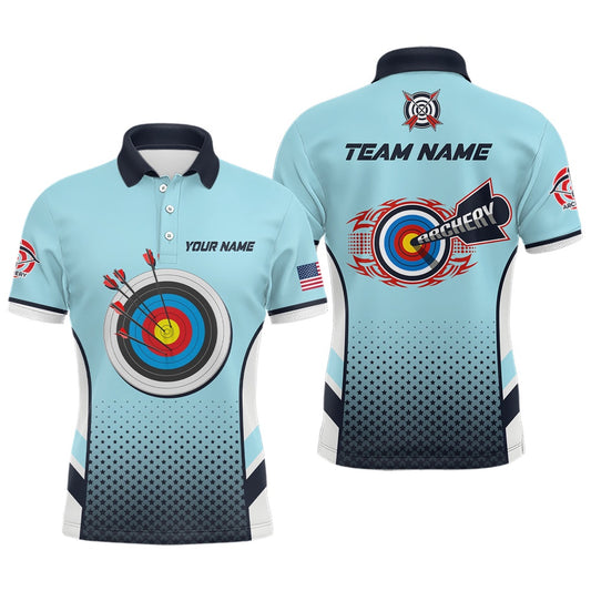 Personalized US Flag Target Archery Polo Shirts For Men, Custom Blue Archery Jerseys, Archery Team Shirts, Custom Archery Shirts