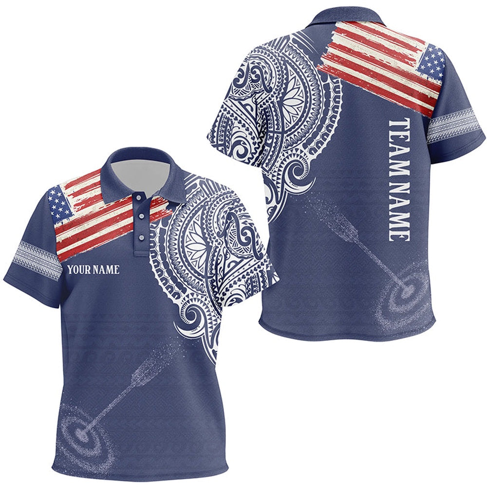 Personalized US Flag Tribal Pattern Archery Polo Shirts, Custom Target Archery Shirts, Archery Team Shirts, Custom Archery Shirts