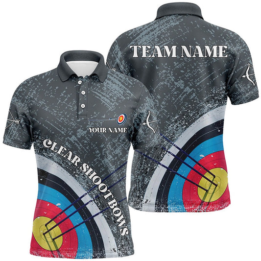 Personalized Vintage Grey Target Archery Polo Shirts For Men, Clear Shoot Bows Archery Shirts, Archery Team Shirts, Custom Archery Shirts