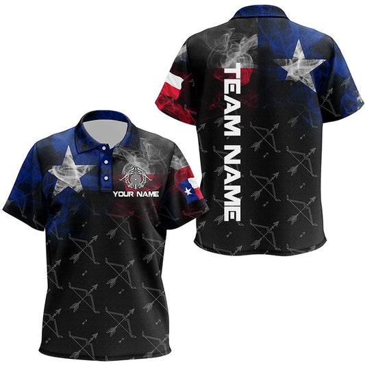 Personalized Vintage Smoke Texas Flag Archery Polo Shirts, Archery Bows Pattern Jerseys, Archery Team Shirts, Custom Archery Shirts