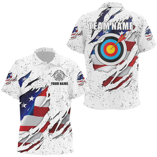 Personalized White Grunge US Flag Target Archery Polo Shirts, Custom Archery Team Shirts, Archery Team Shirts, Custom Archery Shirts