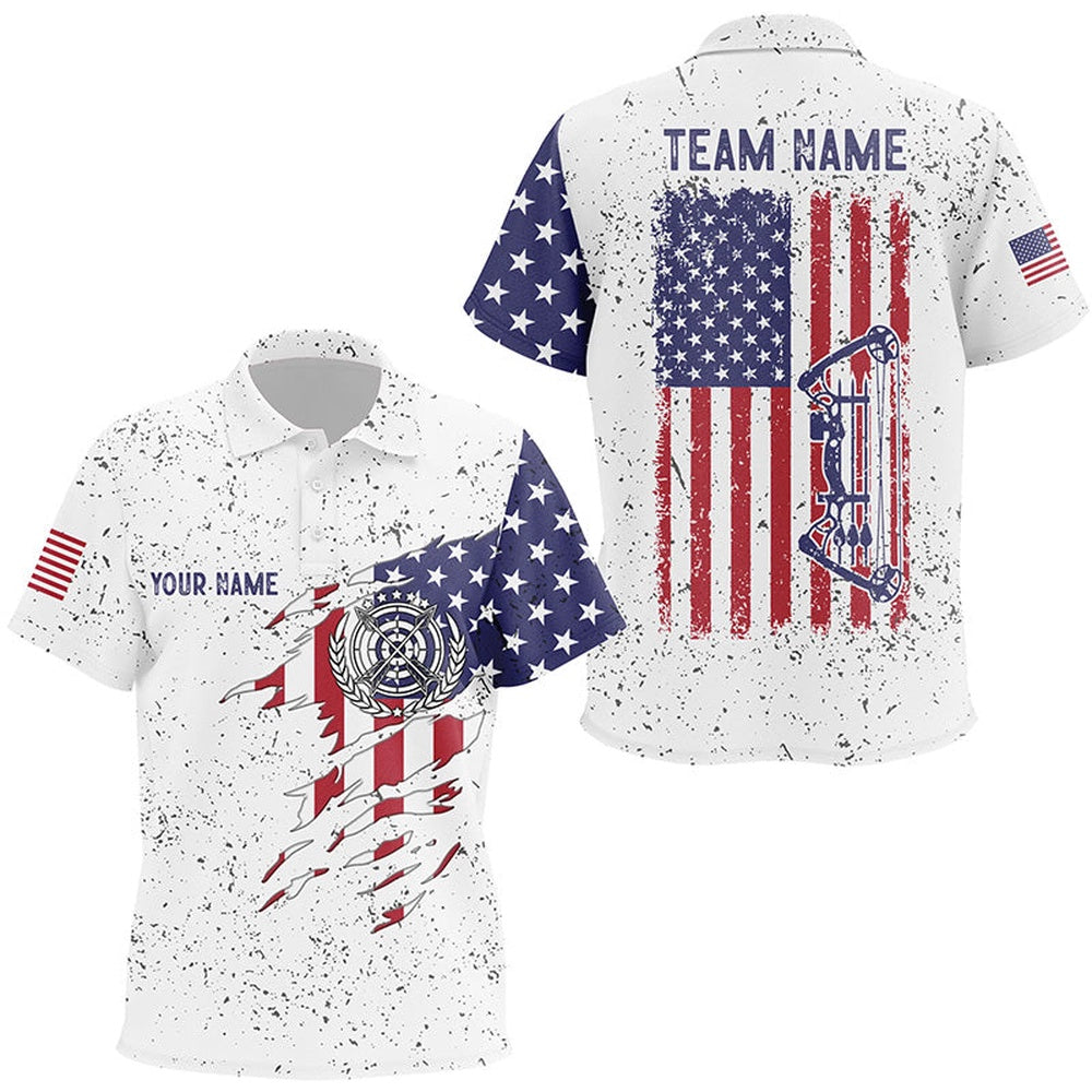Personalized White Grunge US Flag Target Archery Polo Shirts, Custom Bow Archery Shirts, Archery Team Shirts, Custom Archery Shirts
