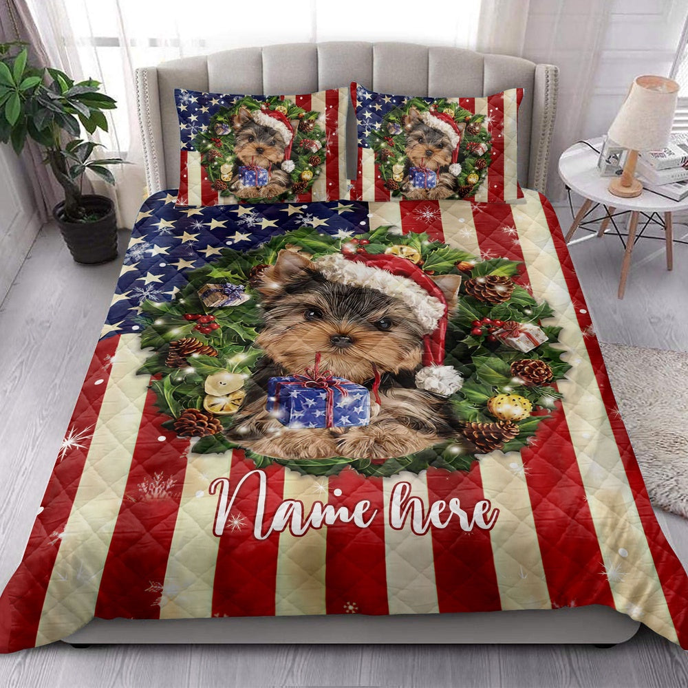 Personalized Yorkshire Quilt Set, Yorkshire Terrier Wearingmas Hat Quilt Blanket