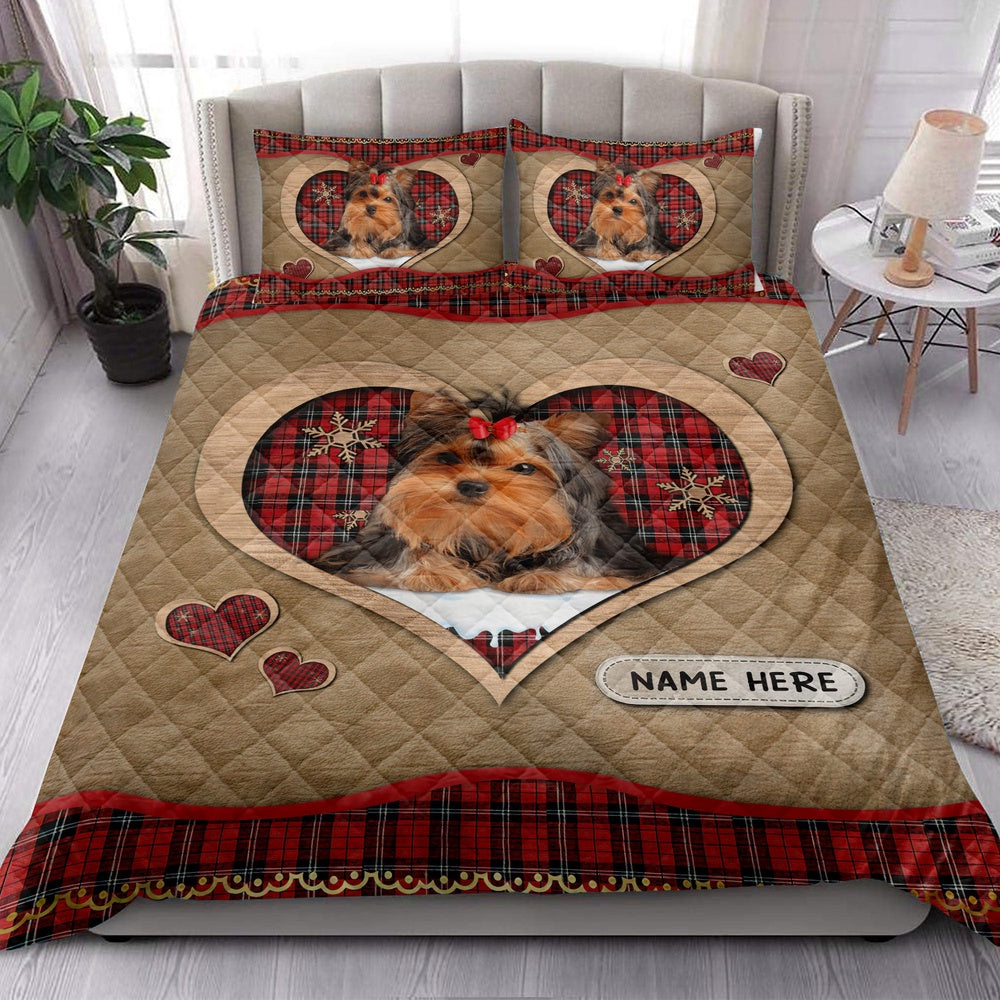 Personalized Yorkshire Quilt Set, Yorkshire Terriermas Heart Red Plaid Quilt Blanket