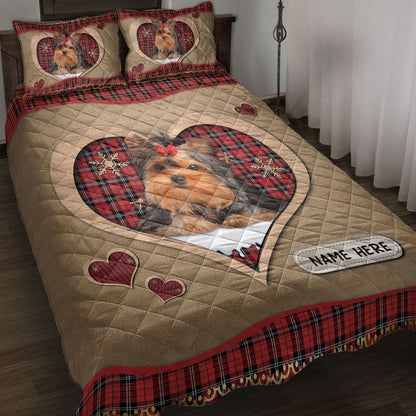Personalized Yorkshire Quilt Set, Yorkshire Terriermas Heart Red Plaid Quilt Blanket