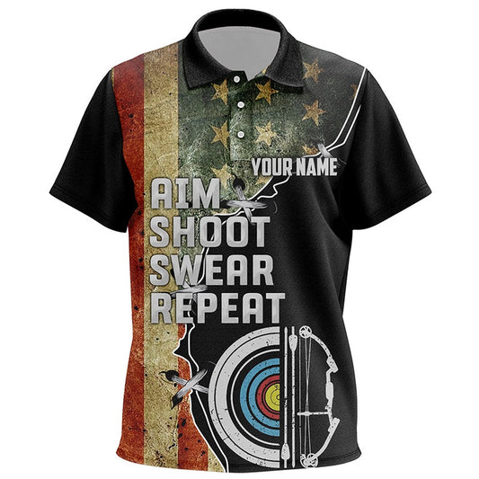 Personalzied Aim Shoot Swear Repeat Archey Polo Shirts, Vintage US Flag Archery Shirts, Archery Team Shirts, Custom Archery Shirts