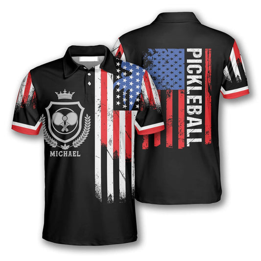 Pickleball Polo Shirts, American Flag Crown Emblem Custom Pickleball Polo Shirts