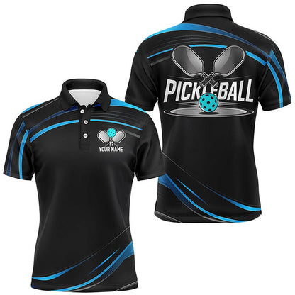 Pickleball Polo Shirts, Black And Blue Custom Mens Pickleball Shirts, Personalized Pickleball Jerseys