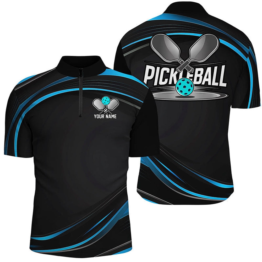 Pickleball Polo Shirts, Black And Blue Custom Mens Pickleball Shirts, Personalized Pickleball Jerseys