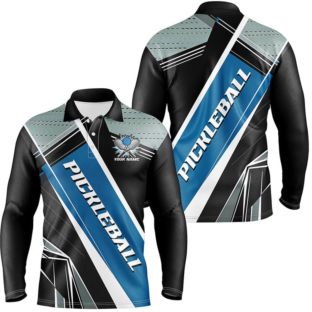 Pickleball Polo Shirts, Black And Blue Personalized Pickleball Jerseys For Men